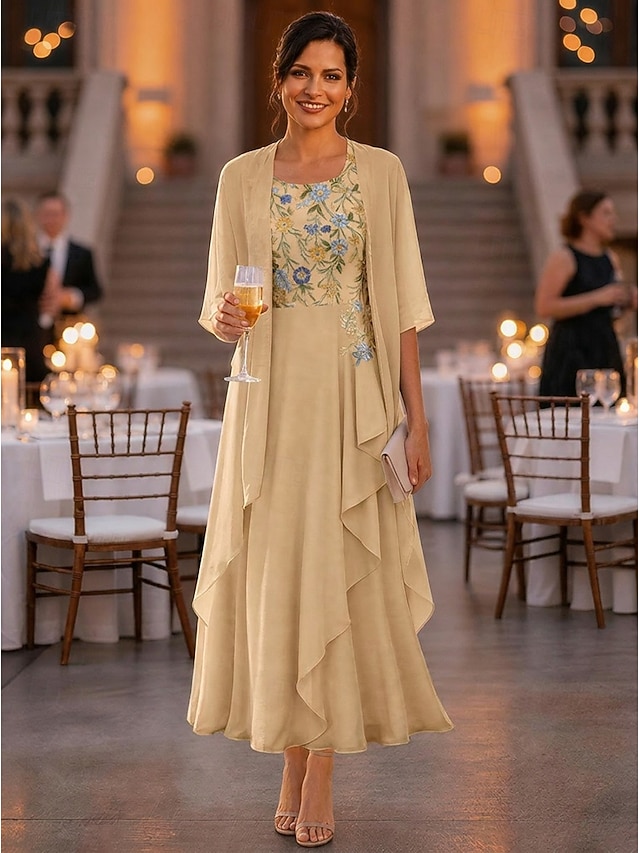 two piece a-line mother of the bride dresses ankle length chiffon lace with embroidery half sleeve, supplier image 8