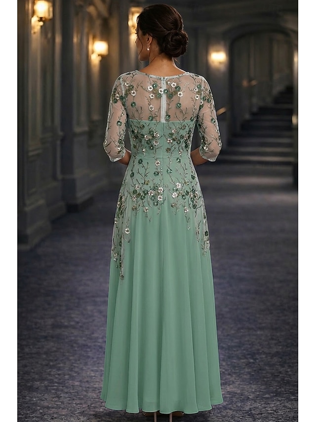 a-line mother of the bride dresses floor length chiffon lace with embroidery half sleeve crew neck, supplier image 3