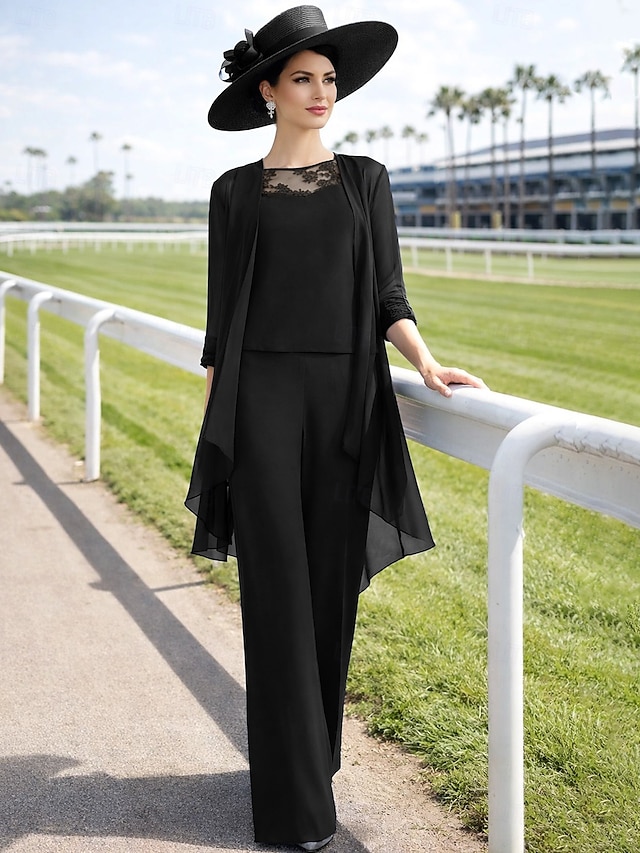 3 piece jumpsuit pantsuit floor-length mother of the bride dress wedding guest dress formal dress jewel neck sleeveless chiffon lace elegant, supplier image 10