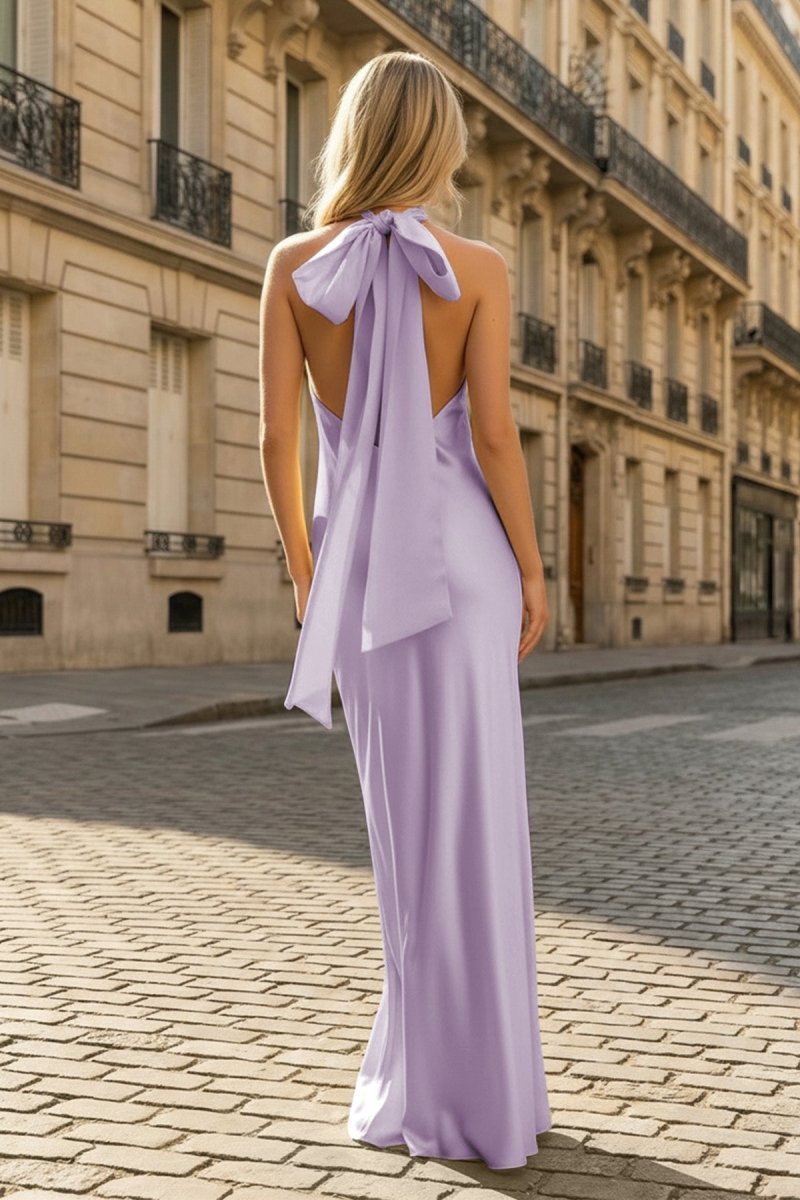 Yellow Halter Sheath Satin Backless Long Prom Dresses Evening Dresses, product image 13