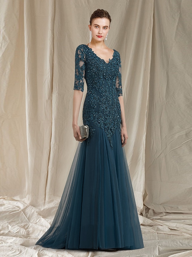 a-line sweep train mother of the bride dress wedding guest dress evening gown v-neck half sleeves lace tulle elegant, supplier image 6