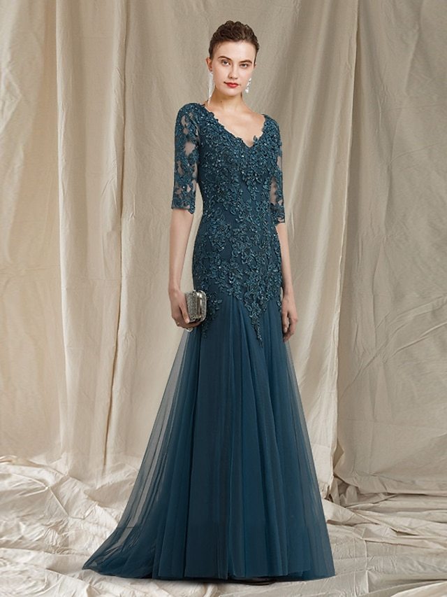a-line sweep train mother of the bride dress wedding guest dress evening gown v-neck half sleeves lace tulle elegant, supplier image 6