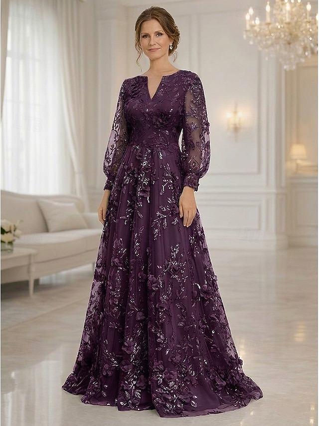 a-line floor length mother of the bride dresses cocktail dresses party dresses long sleeve v neck elegant vintage luxurious lace with 3d flowers, supplier image 9