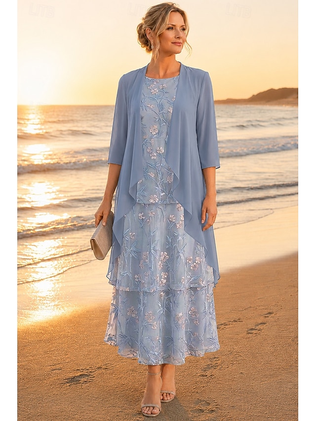 two piece a-line mother of the bride dresses wedding guest dresses ankle length chiffon lace elegant, supplier image 1