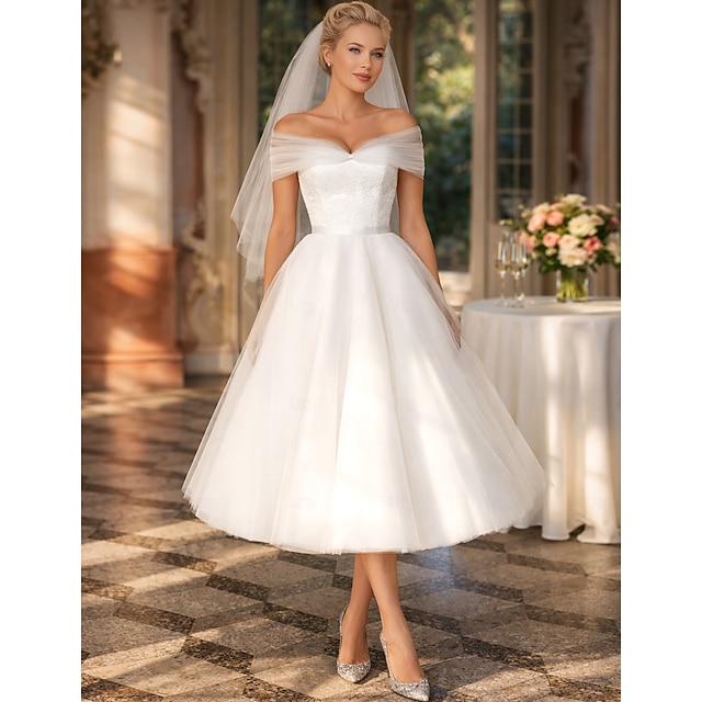 tea-length little white dress wedding dress off-the-shoulder short sleeves lace tulle, supplier image 4