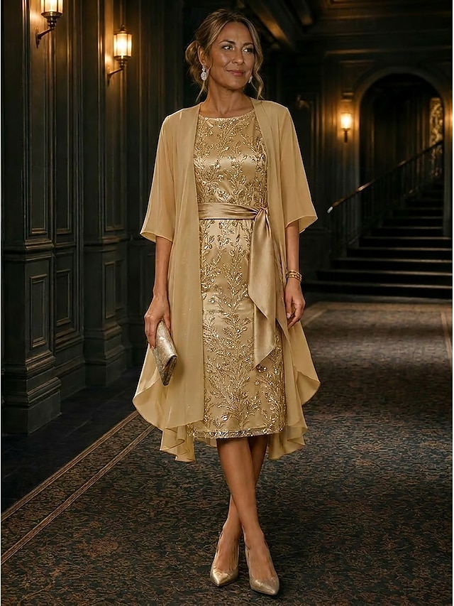 two piece a-line knee length mother of the bride dresses half sleeve scoop neck elegant simple luxurious chiffon lace with bow(s), supplier image 1