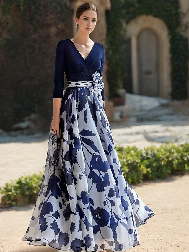 a-line floor-length mother of the bride dress wedding guest dress evening gown v-neck 3/4 sleeves chiffon elegant, supplier image 1