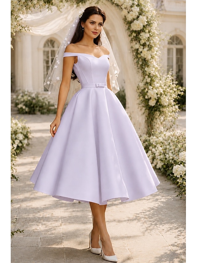 a-line tea-length little white dress wedding dress wedding guest dress cocktail dress off-the-shoulder sleeveless, supplier image 12