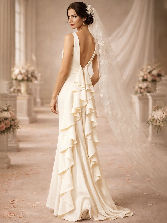 sheath column wedding dress scoop neck sleeveless stretch fabric, supplier image 2