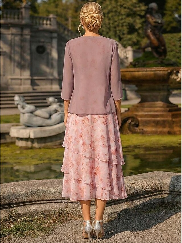 two piece a-line mother of the bride dresses wedding guest dresses tea length chiffon jacquard, supplier image 6