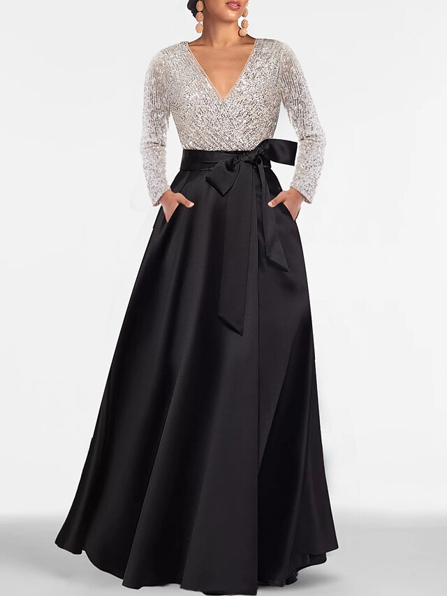 a-line floor-length mother of the bride dress wedding guest dress evening gown v-neck long sleeves satin elegant, supplier image 5
