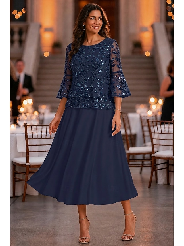 a-line mother of the bride dresses ankle length chiffon lace with sequin 3/4 length sleeve elegant, supplier image 2