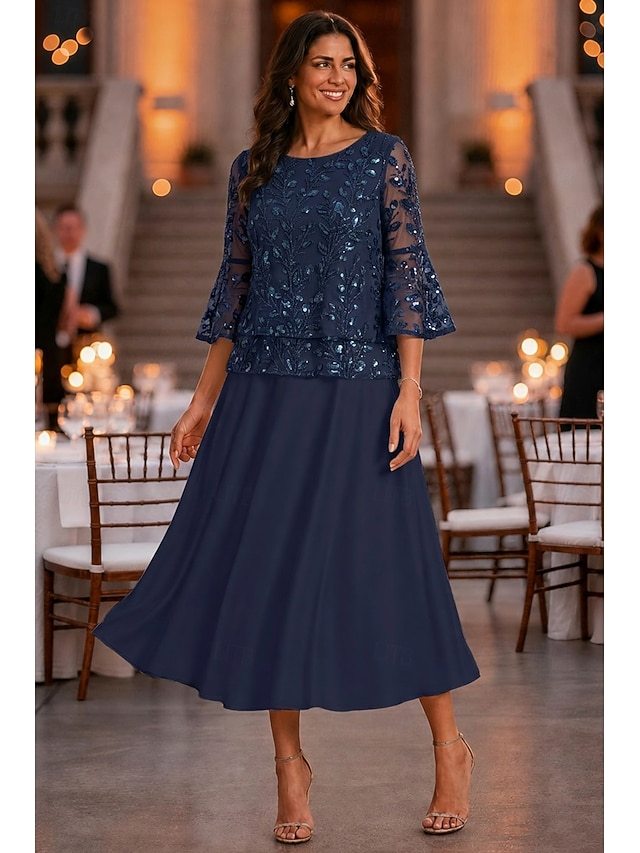 a-line mother of the bride dresses ankle length chiffon lace with sequin 3/4 length sleeve elegant, supplier image 2