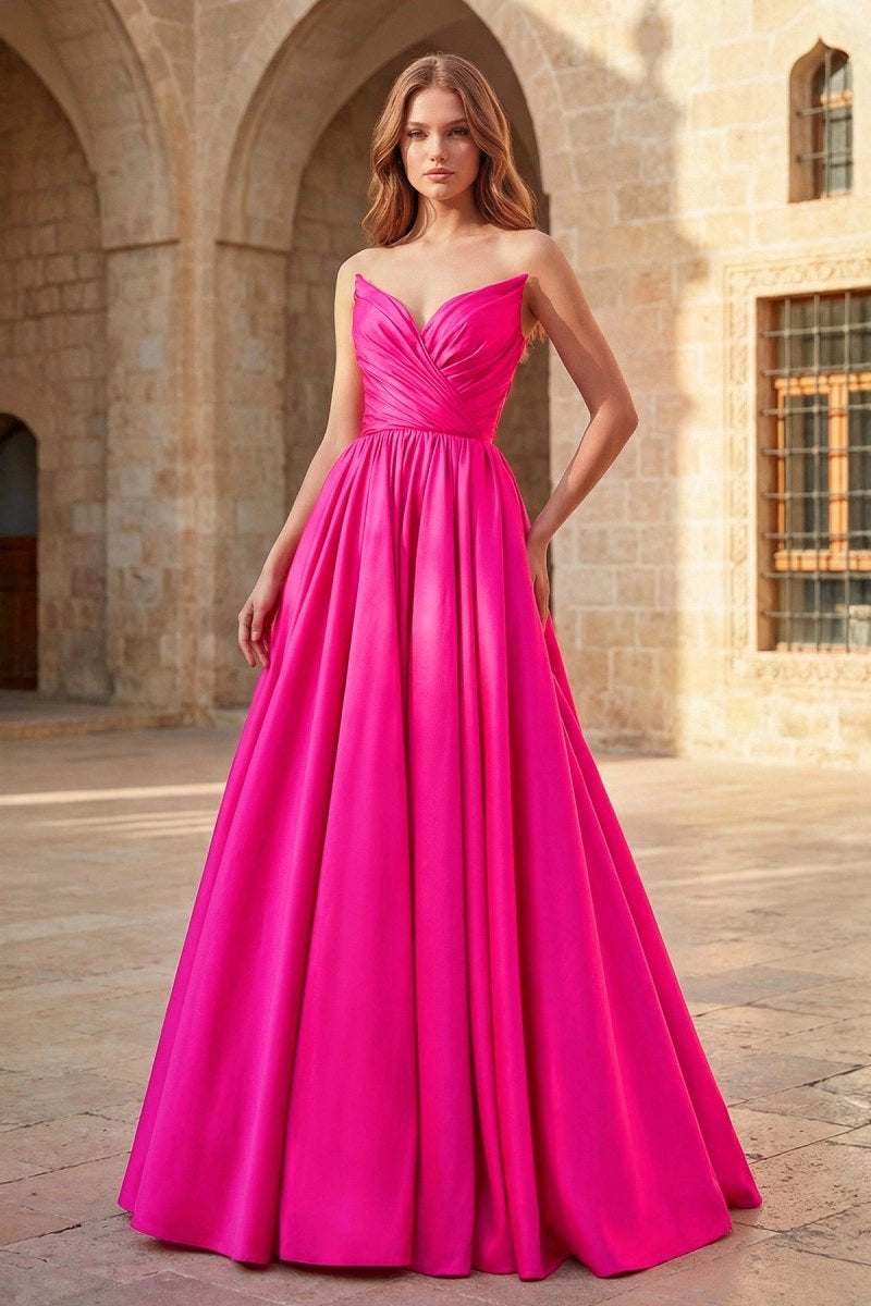 A-Line Strapless Satin Long Prom Dresses Evening Dresses, product image 1