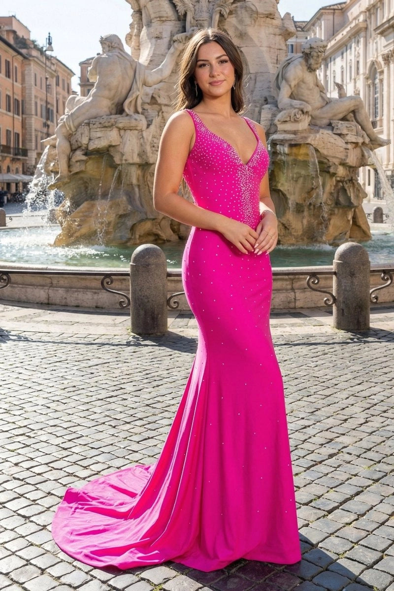 Mermaid V-Neck Beaded Satin Prom Dresses with Cross Back Evening Dresses, product image 1