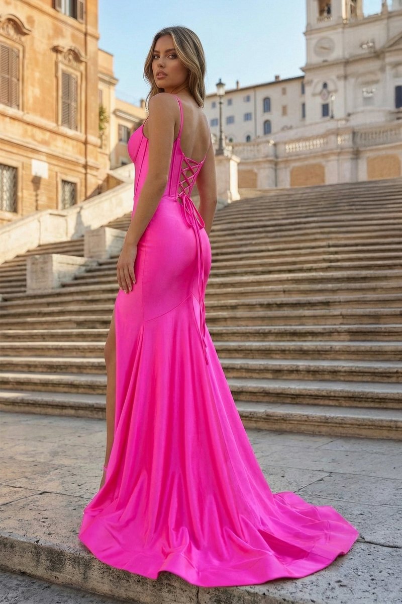 Fuchsia Satin Simple Mermaid Prom Dresses Evening Dresses, product image 2