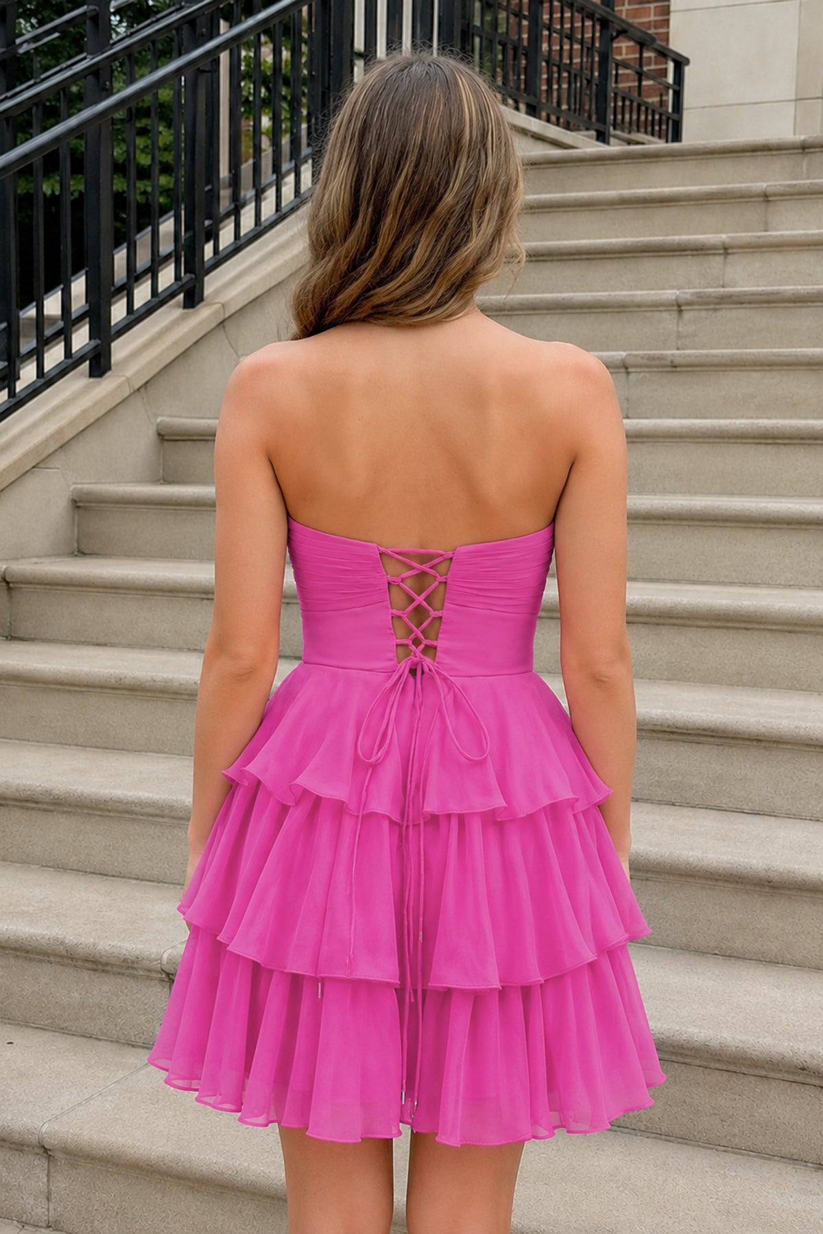 Fuchsia Strapless A Line Chiffon Ruffles Homecoming Dresses With Flower, supplier image 2
