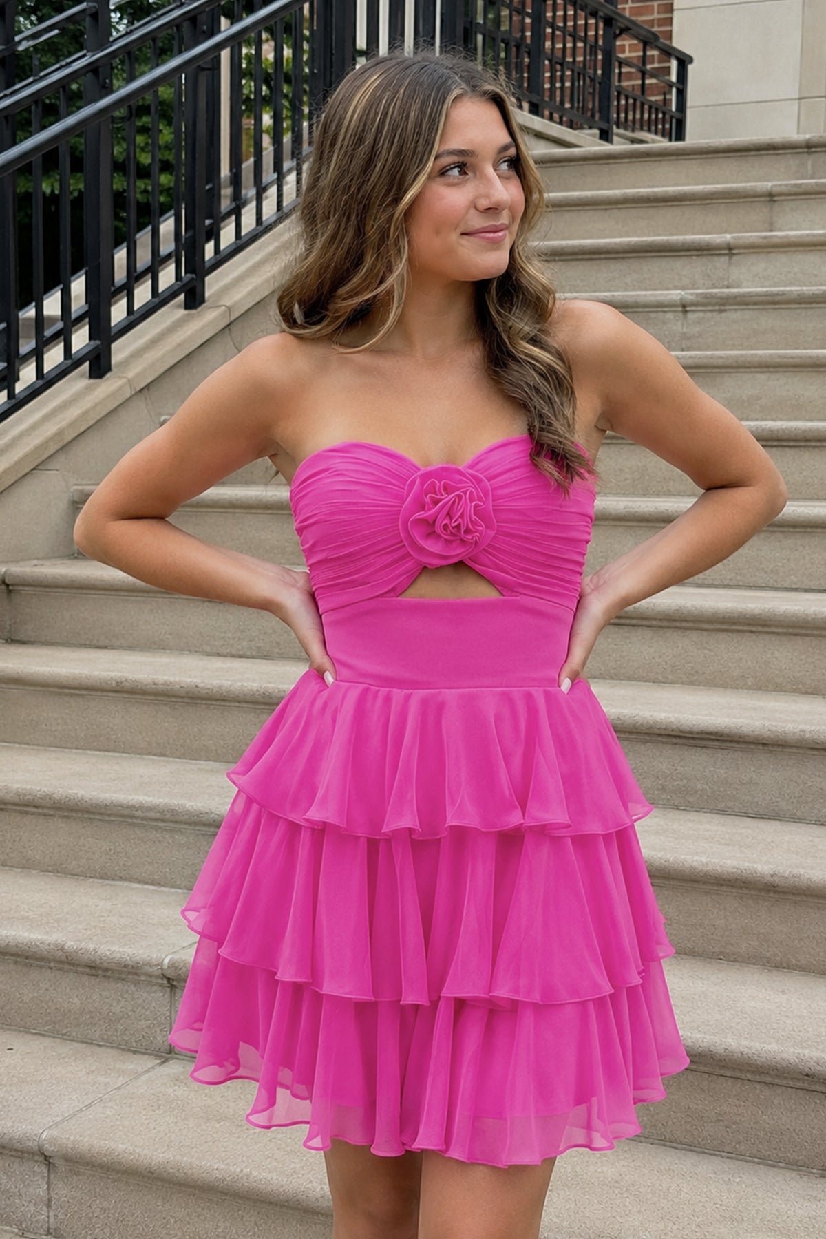 Fuchsia Strapless A Line Chiffon Ruffles Homecoming Dresses With Flower, supplier image 1