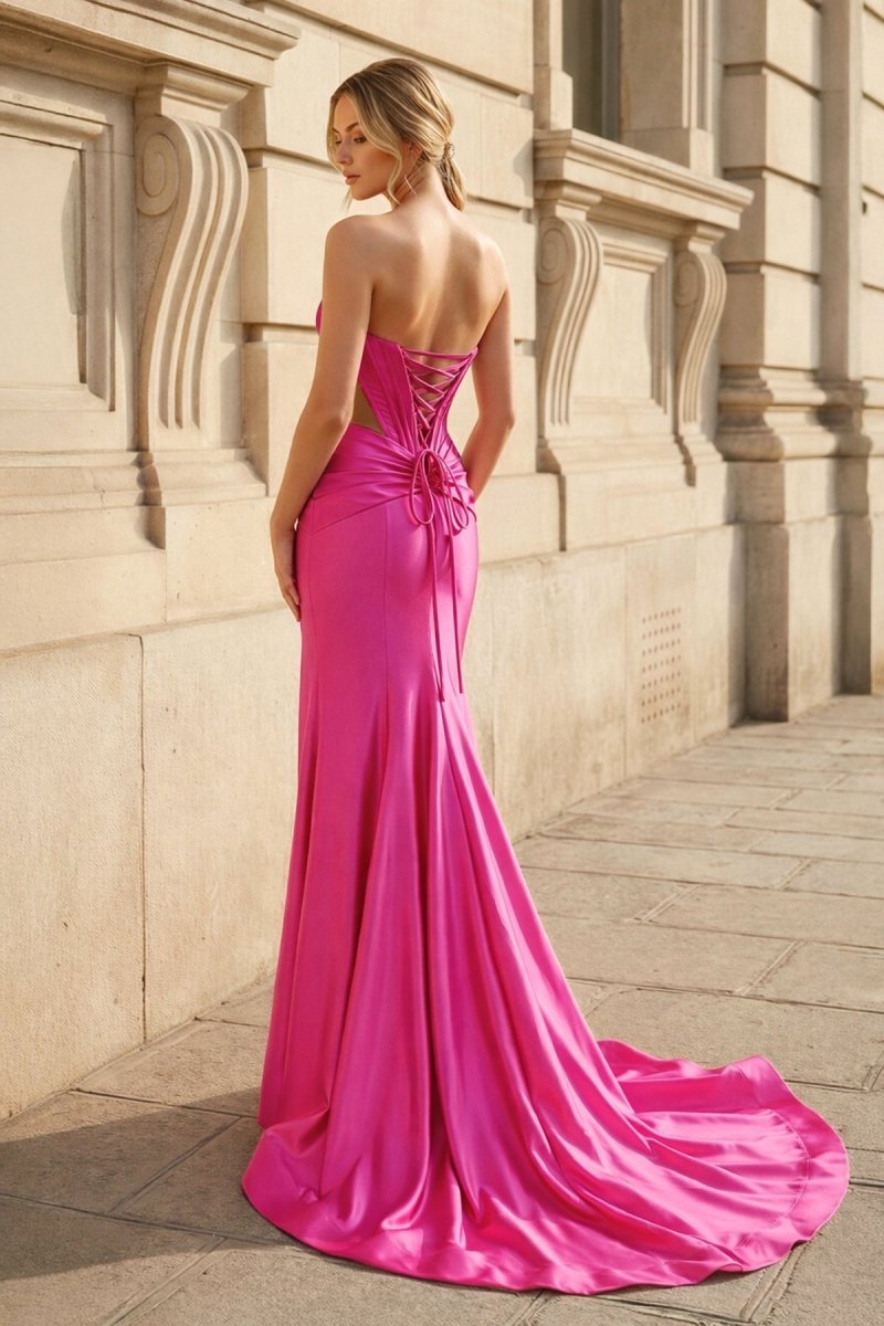 Yellow Sweetheart Mermaid Satin Beaded Long Prom Dresses With Slit Evening Dresses, product image 18