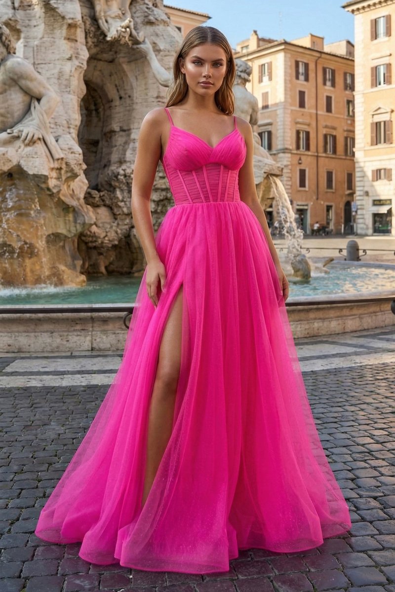 Fuchsia Spaghetti Straps Sheer Bodice A-Line Long Prom Dresses with Slit Evening Dresses, product image 1
