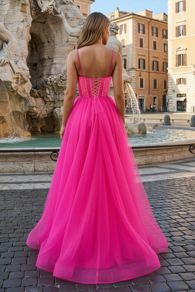 Fuchsia Spaghetti Straps Sheer Bodice A-Line Long Prom Dresses with Slit Evening Dresses, product image 2