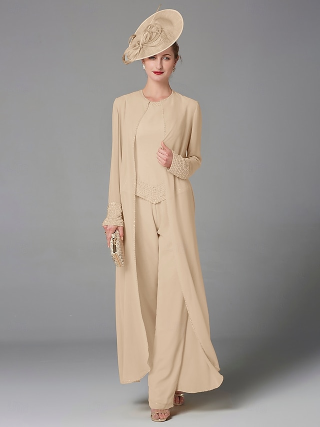 3 piece jumpsuit pantsuit mother of the bride dresses floor length chiffon with beading long sleeve, supplier image 4