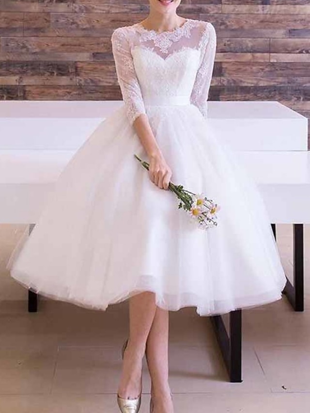 a-line tea-length little white dress wedding dress illusion neck 3/4 sleeves lace tulle, supplier image 5