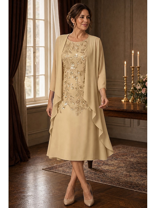 two piece a-line mother of the bride dresses tea length chiffon lace with sequin 3/4 length sleeve, supplier image 1