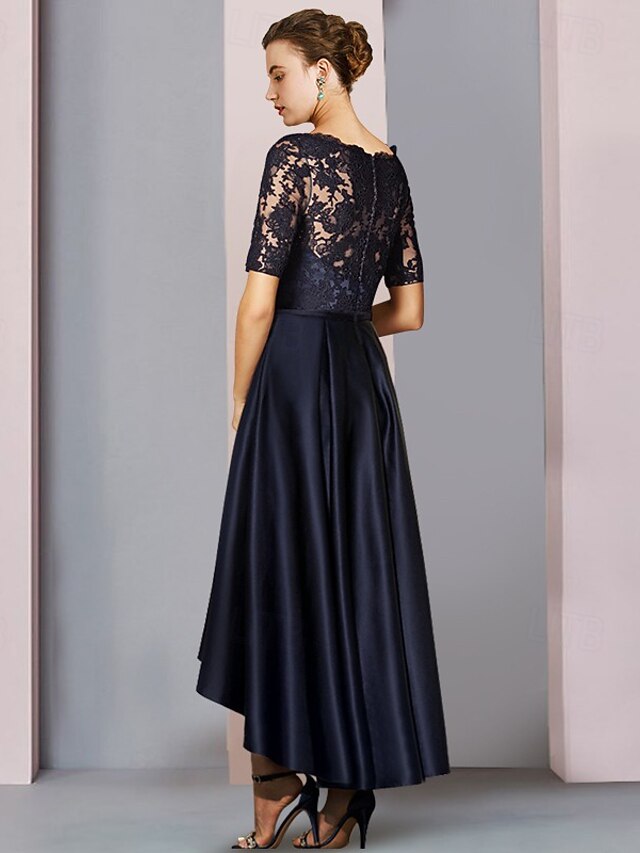 a-line high-low mother of the bride dress wedding guest dress cocktail dress scoop neck short sleeves satin lace elegant, supplier image 5