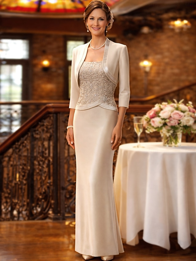 sheath column mother of the bride dresses wedding guest dresses floor length chiffon satin lace, supplier image 1