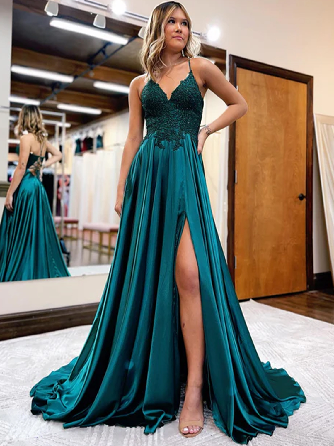 A-line Sexy V Neck Spaghetti Straps Satin With Split Prom Dress 