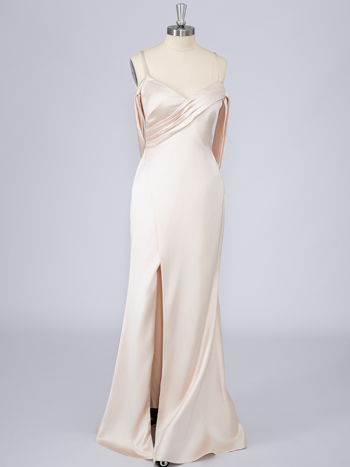 Champagne Mermaid Satin Floor Spaghetti Length With Split Prom Dress