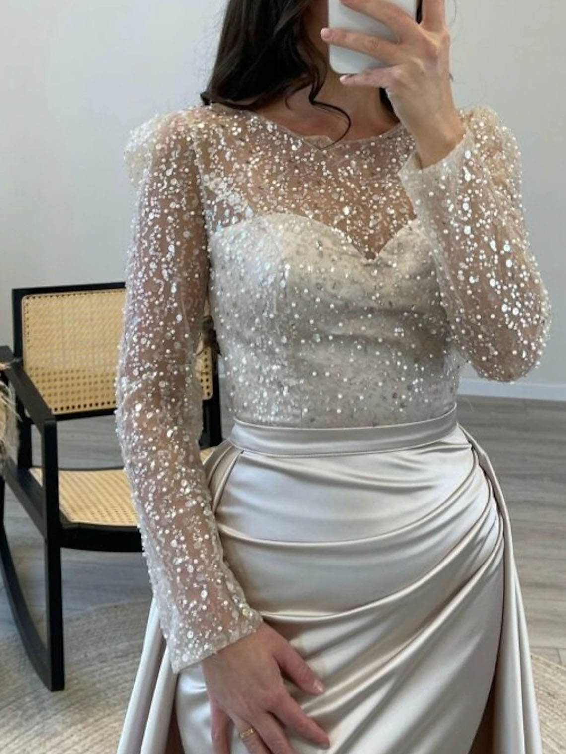 Mermaid Sequin Satin Long Sleeves with Pearls Long Evening Dress