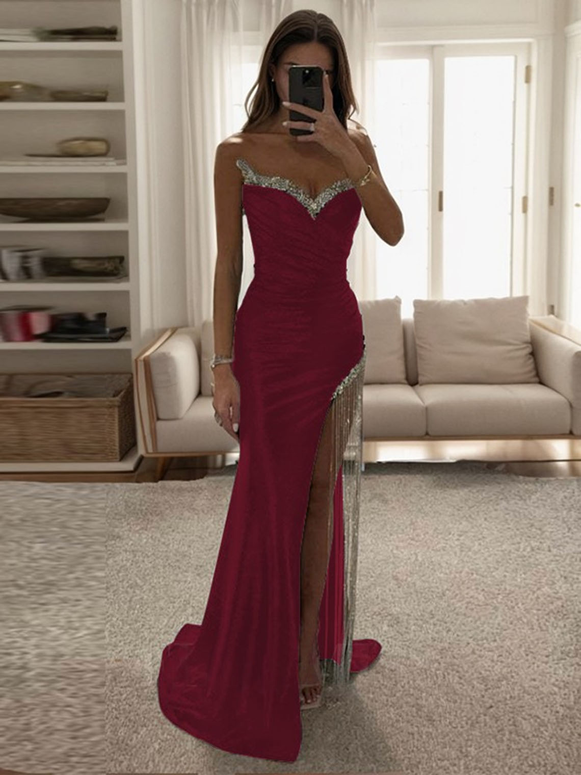 Sheath Elastic Satin Sweetheart With Rhinestone Long Prom Dress
