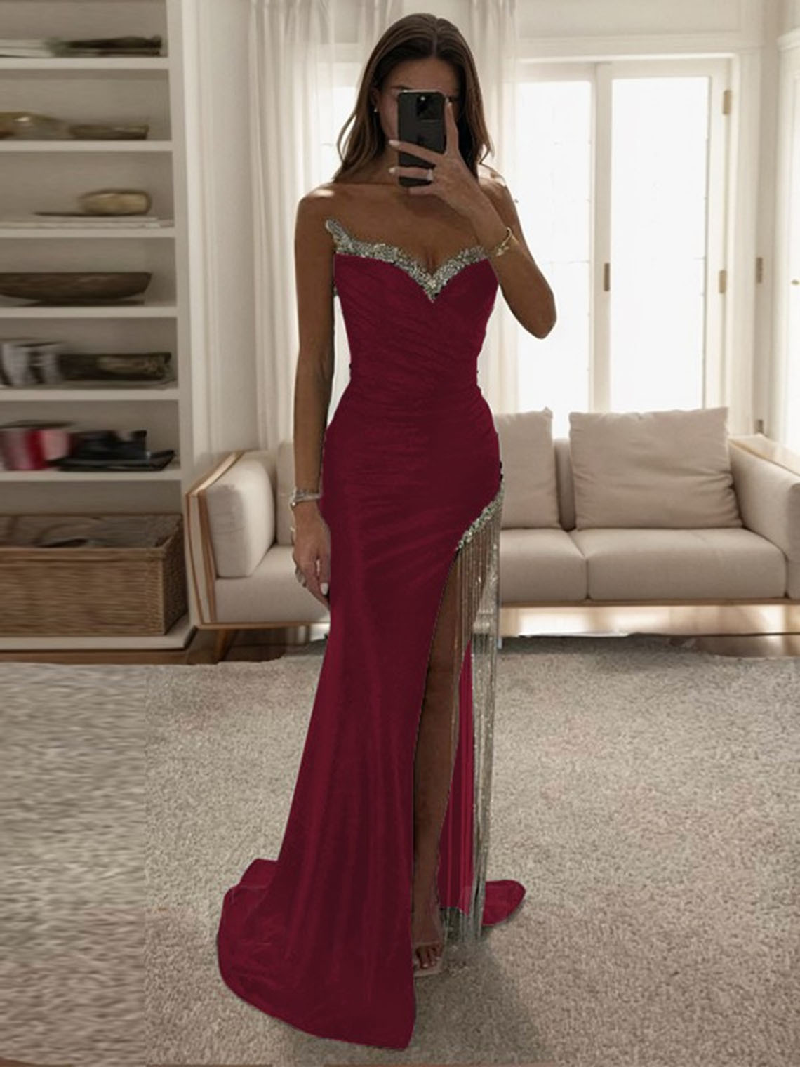 Sheath Elastic Satin Sweetheart With Rhinestone Long Prom Dress