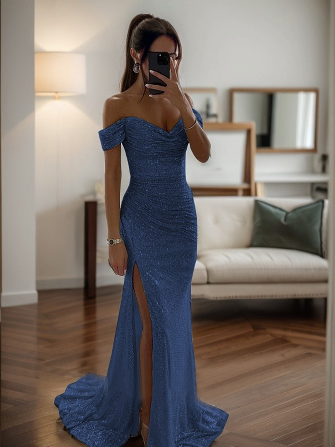 Mermaid Off-the-Shoulde Ruched Sleeveless Sweep Train Prom Dress
