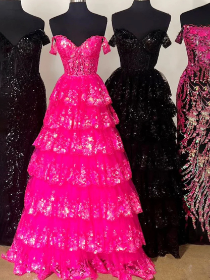 Dress A-line Off the Shoulder Sequined Lace Multi-Tiered Ruffles Prom Dress