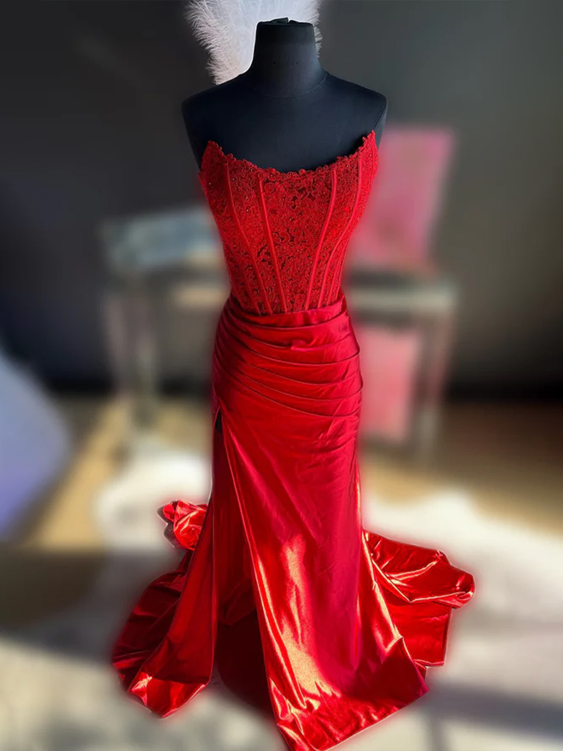 Mermaid Strapless Corset Satin Appliques with Slit Long Prom Dress
