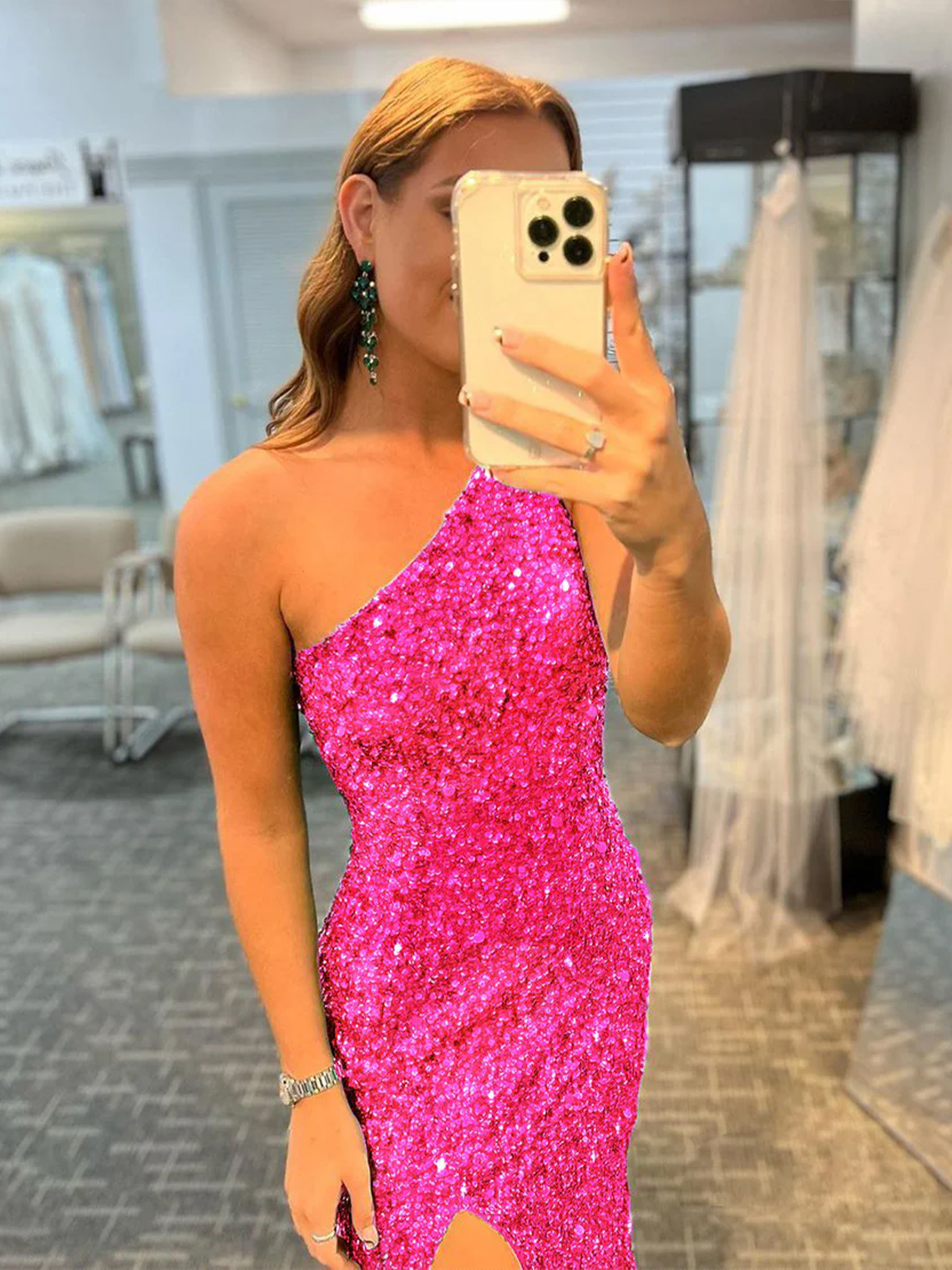 Glitter Mermaid One Shoulder Open Back Sleeveless Sexy Prom Dress