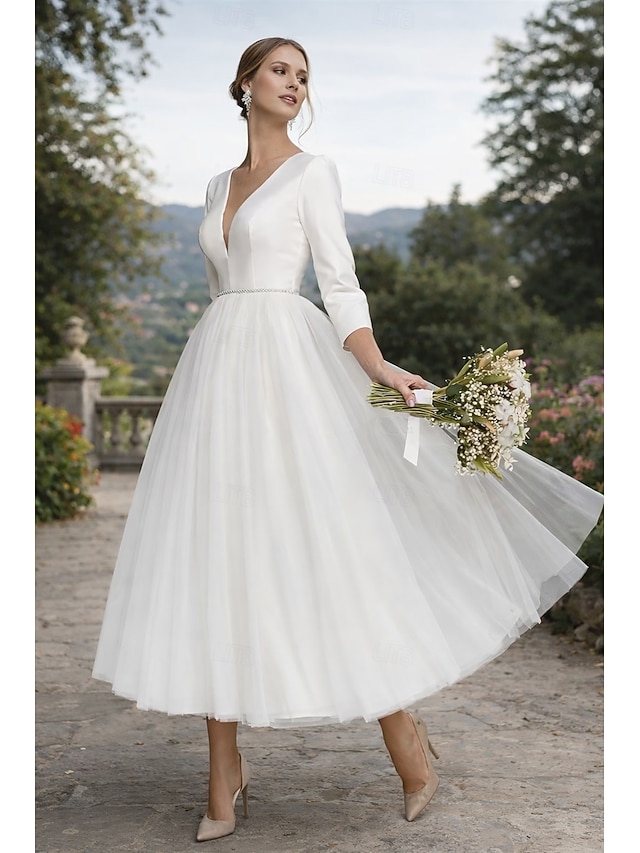 a-line tea-length little white dress wedding dress v-neck 3/4 sleeves satin tulle, supplier image 1