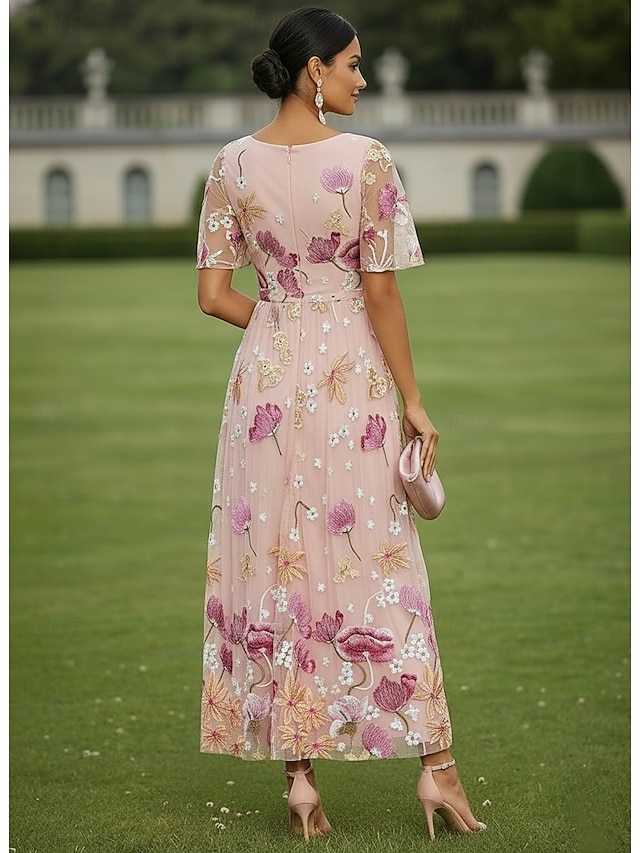 a-line ankle length mother of the bride dresses wedding guest dresses cocktail dresses short sleeve crew neck elegant casual chiffon tulle, supplier image 2