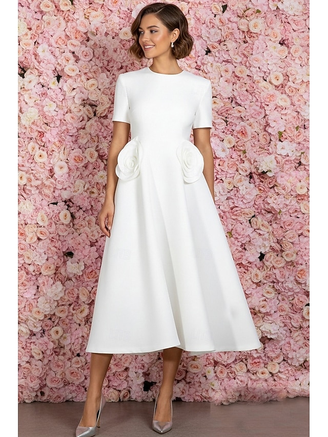 a-line tea-length little white dress wedding dress cocktail dress formal dress short sleeves, supplier image 1