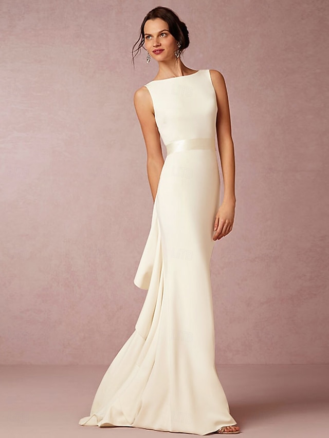 sheath column wedding dress scoop neck sleeveless stretch fabric, supplier image 5