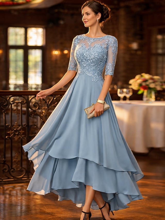 a-line asymmetrical mother of the bride dresses wedding guest dresses cocktail dresses party dresses half sleeve crew neck elegant simple lace, supplier image 1