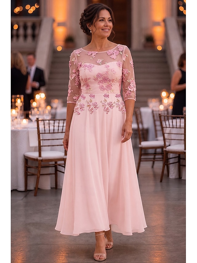 A-Line Ankle Length Mother of the Bride Dresses 3/4 Length Sleeve Elegant Simple Casual Lace with Embroidery