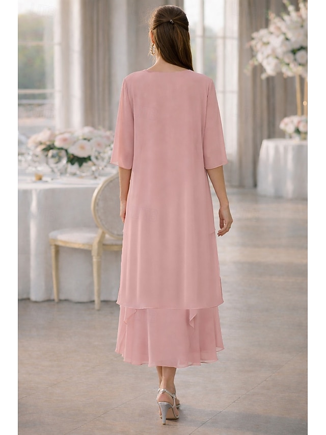 two piece a-line mother of the bride dresses wedding guest dresses tea length chiffon half sleeve, supplier image 3