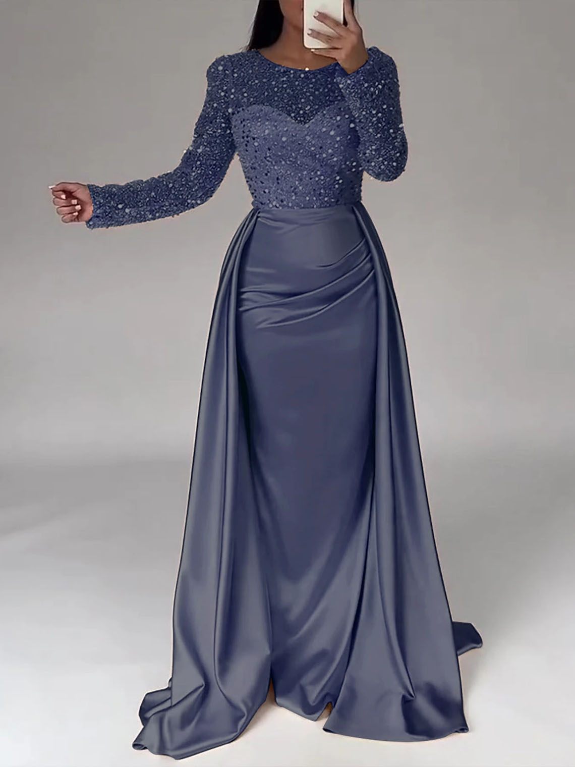 Mermaid Sequin Satin Long Sleeves with Pearls Long Evening Dress