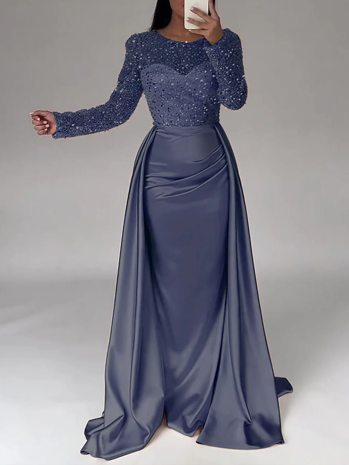 Mermaid Sequin Satin Long Sleeves with Pearls Long Evening Dress