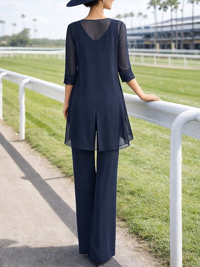 3 piece jumpsuit pantsuit floor-length mother of the bride dress wedding guest dress formal dress jewel neck sleeveless chiffon lace elegant, supplier image 2