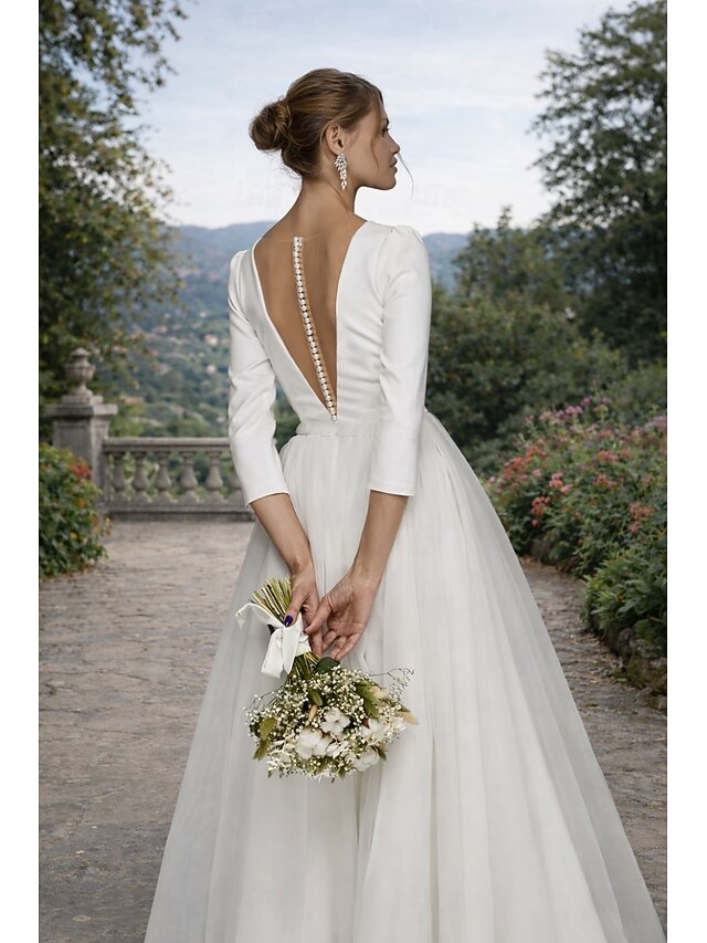a-line tea-length little white dress wedding dress v-neck 3/4 sleeves satin tulle, supplier image 2